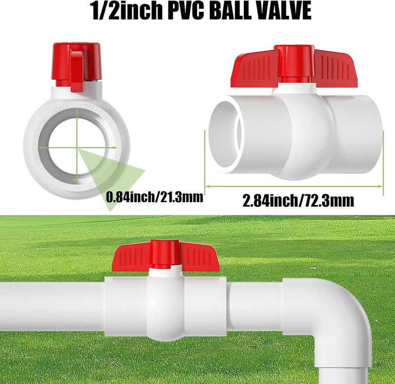 EPHECH 20PCS 1/2" PVC Ball Valve, SCH40 Slip PVC Water Pipe Valve with Easy Turn Red T-Handle, Shut-Off Ball Valve Socket for Swimming Pool, Sprinkler Lines, Outdoor Plumbing & Irrigation System - Image 2